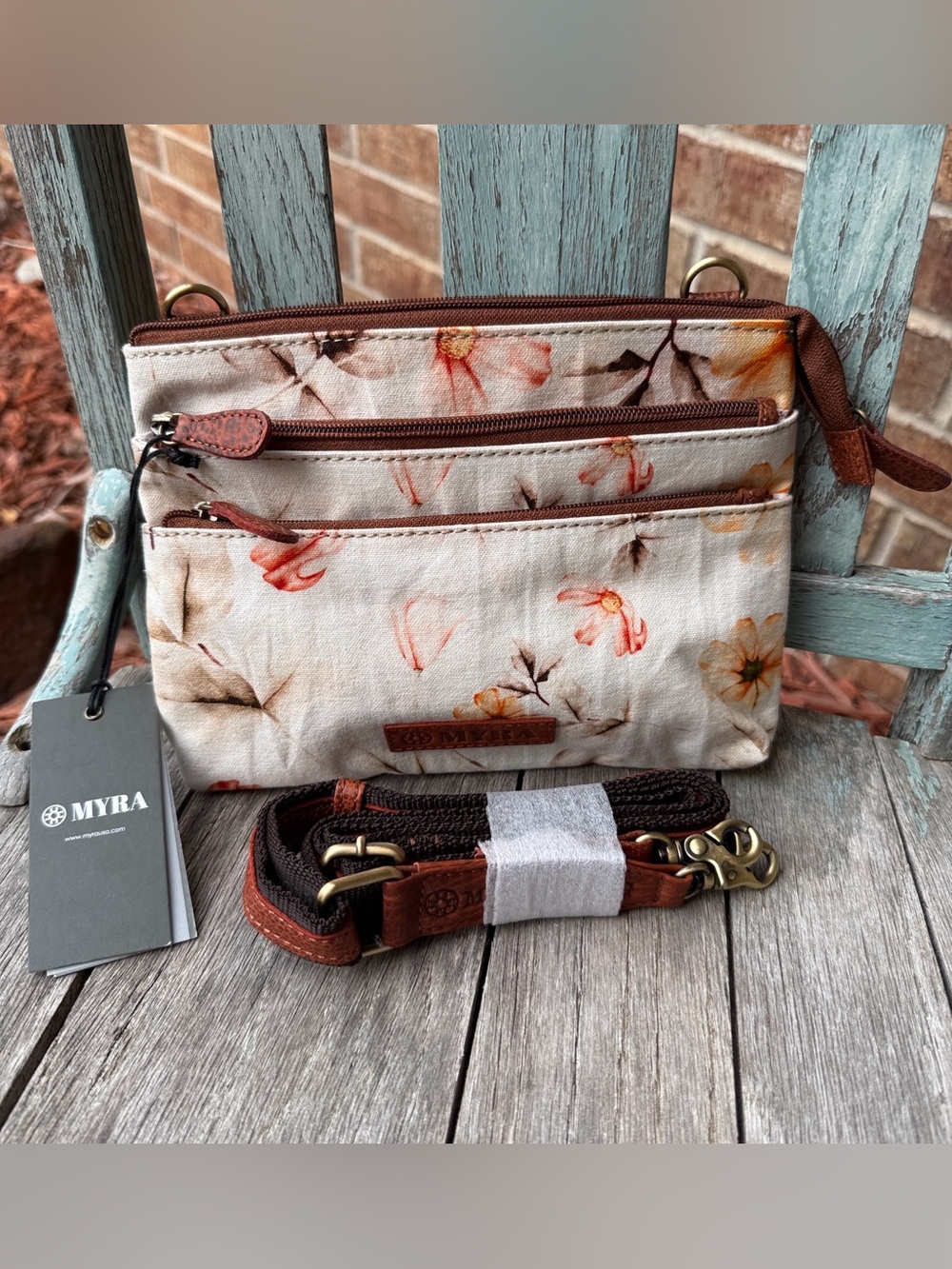 Myra Bag Maple Ridge Cream (Powder Sky) Floral Crossbody Bag with Brown Accents